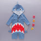 Light blue hooded shark swim romper with front zipper and red shark mouth print