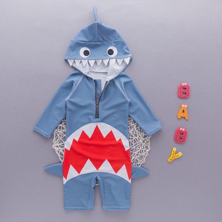 Light blue hooded shark swim romper with front zipper and red shark mouth print