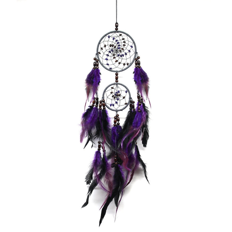 Purple and black feather dream catcher wall hanging with two round beaded hoops