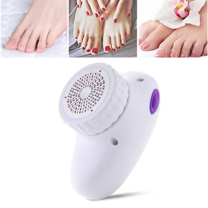 White electric foot grinder with round abrasive head and purple side button