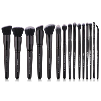 Makeup brush set with soft black synthetic bristles and black handles for eye and face
