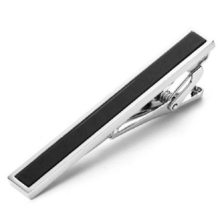 Black-and-silver tie clip bar with hinged clasp backing