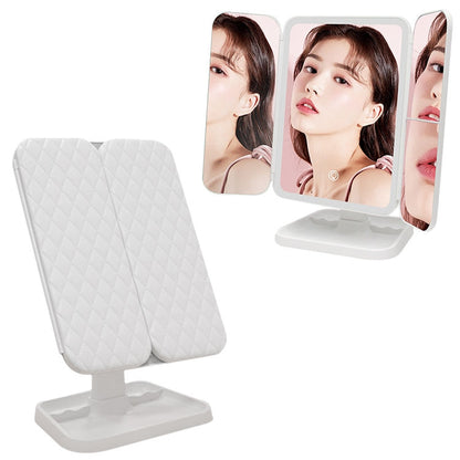 White three-fold LED makeup mirror on stand with touch power button