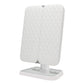 White three-panel LED makeup mirror, quilted back, on a pedestal base