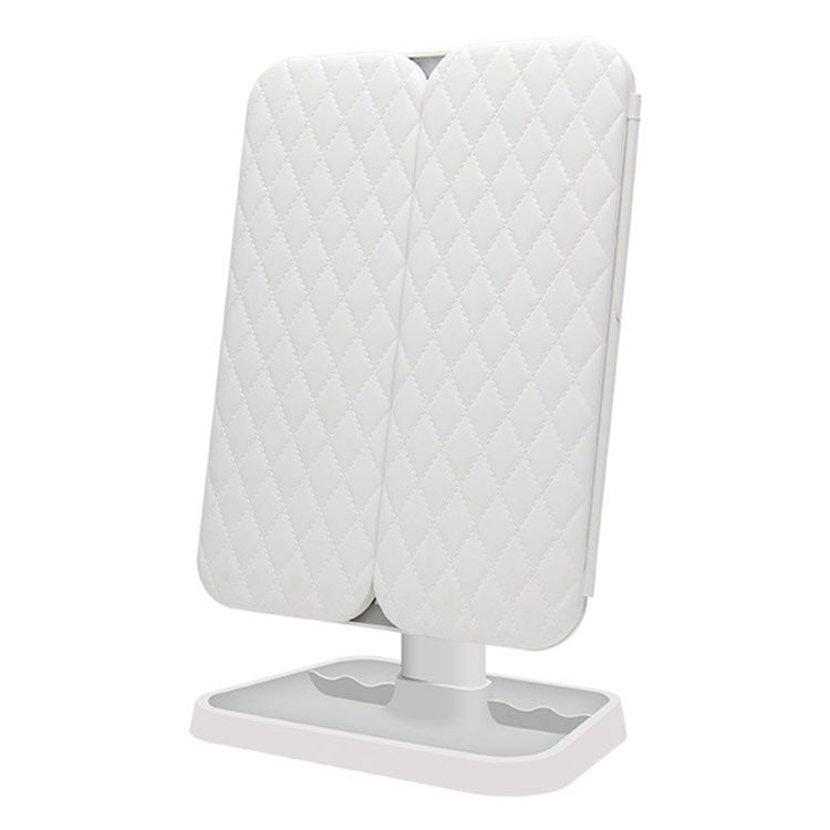 White three-panel LED makeup mirror, quilted back, on a pedestal base