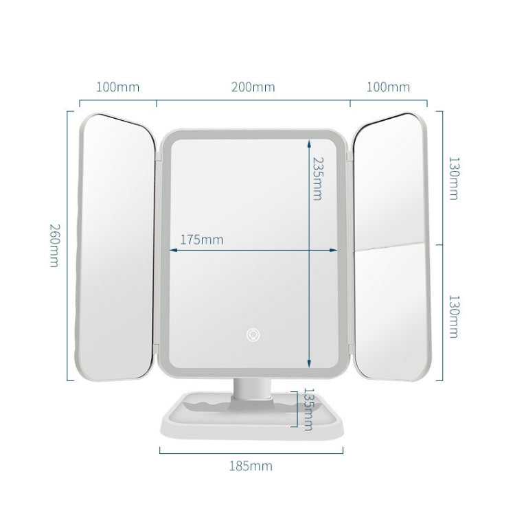 White LED three-fold makeup mirror size diagram with stand and fold panels