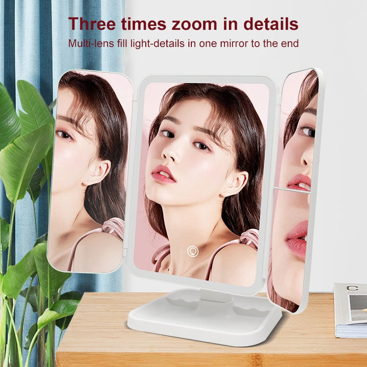 White three-panel LED makeup mirror with side panels open on a desk stand