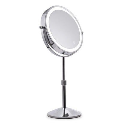 Desktop round LED makeup mirror with liftable stand, chrome frame, dark handle, base