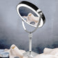 Wall-mounted illuminated round makeup mirror with chrome frame and lifting rod