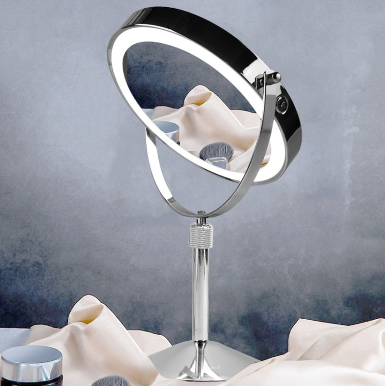 Wall-mounted illuminated round makeup mirror with chrome frame and lifting rod