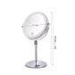 Round LED desktop makeup mirror with size proportions on chrome stand and base