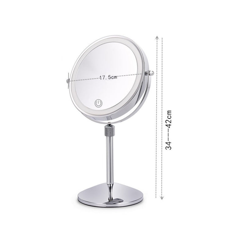Round LED desktop makeup mirror with size proportions on chrome stand and base