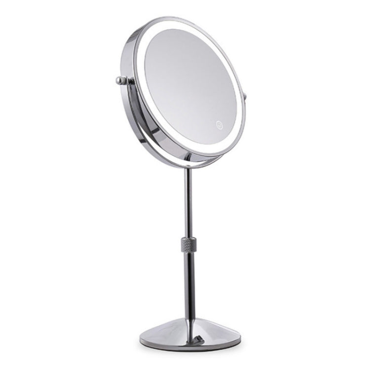 Desktop round LED makeup mirror on chrome stand, dark stem and circular base