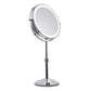 Desktop round LED magnifying makeup mirror with chrome frame and adjustable lift stem
