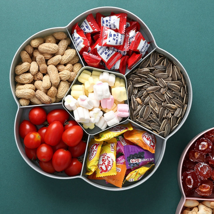 Pink flower-shaped snack storage box with transparent lid, filled snack compartments