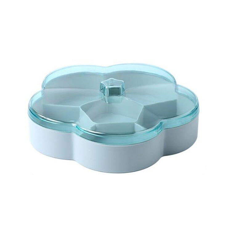 Flower-shaped snack storage box with transparent lid and inner dividers, blue-gray base