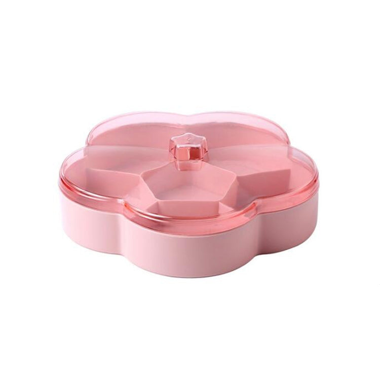 Pink flower-shaped snack storage box with transparent lid and inner divider tray