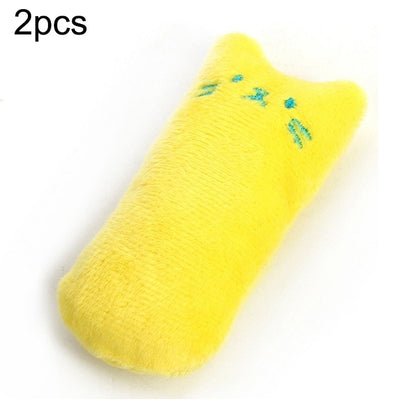 Yellow plush catnip chew toy shaped like a cat paw, embroidered face details