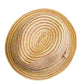 Round view of colorful striped straw hat with beige inner band