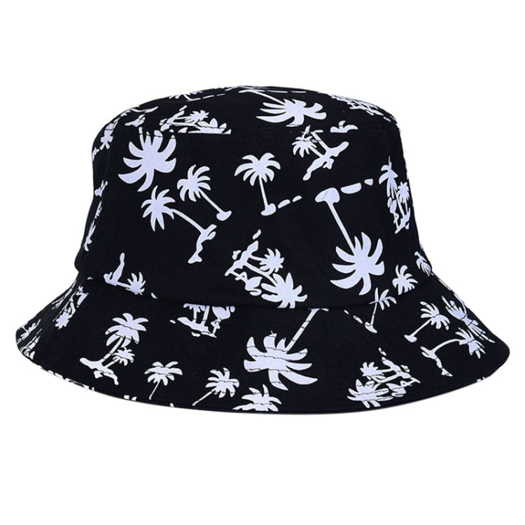 Black bucket hat with white palm and animal print, wide brim