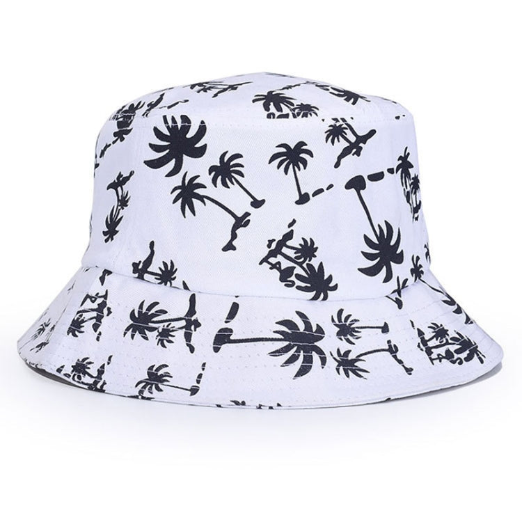 White bucket hat with black palm and animal print, wide brim