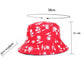 Red bucket hat with white print; brim length and height shown in diagram