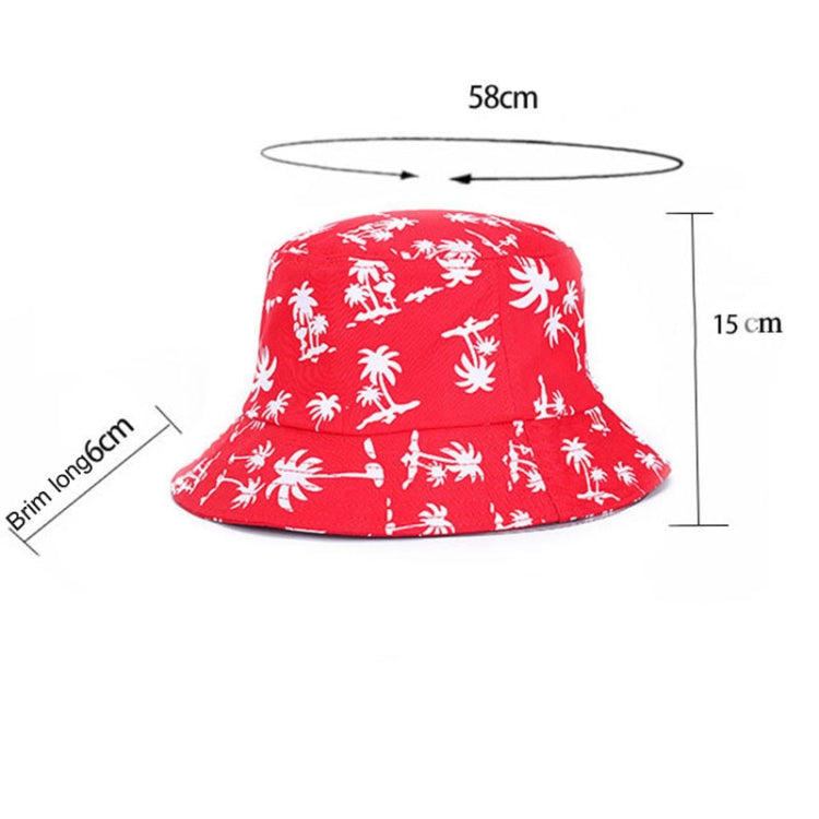 Red bucket hat with white print; brim length and height shown in diagram
