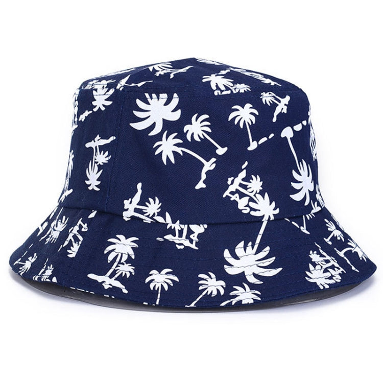 Navy bucket hat with white palm and animal print, wide brim