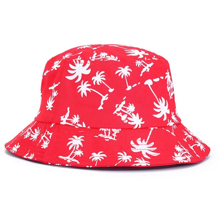 Red bucket hat with white palm and animal print, wide brim