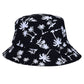 Black bucket hat with white palm and animal silhouettes, wide brim