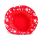 Red bucket hat interior with white print on inner crown, wide brim