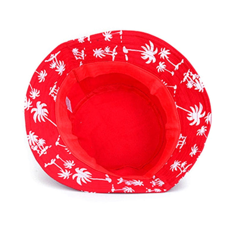 Red bucket hat interior with white print on inner crown, wide brim