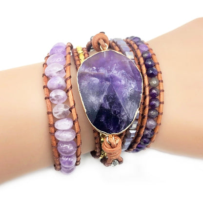 Amethyst wrap bracelet with purple stone pendant and multi-strand bead cords