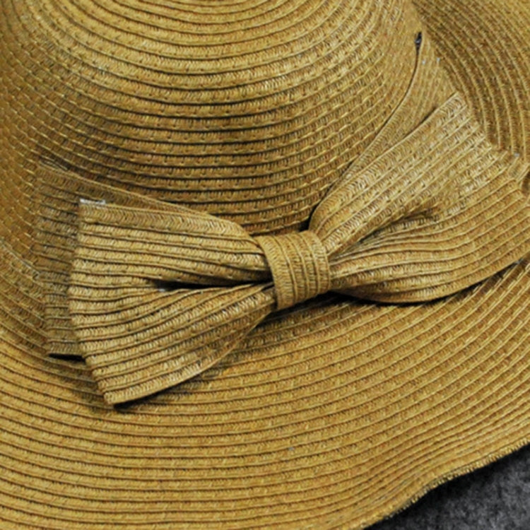 Girls wide-brim straw sun hat with bow detail, dark khaki.