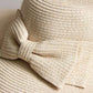 Girls wide-brim straw sun hat with fabric bow, cream.