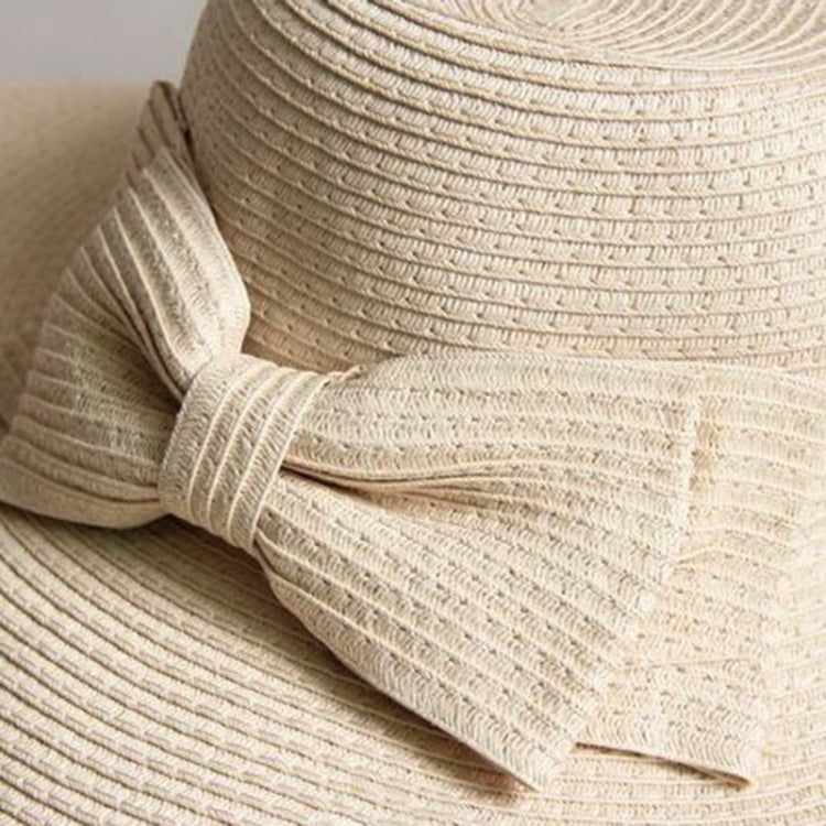 Girls wide-brim straw sun hat with fabric bow, cream.