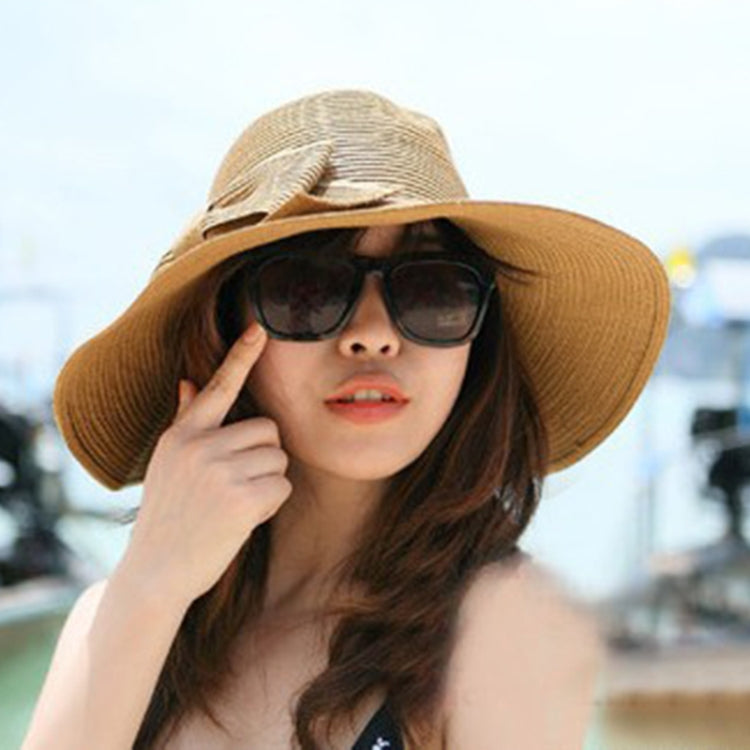 Girls wide-brim straw sun hat with fabric bow, warm tan.
