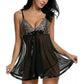 Black sheer babydoll nightdress with lace cups, bow detail, flared skirt