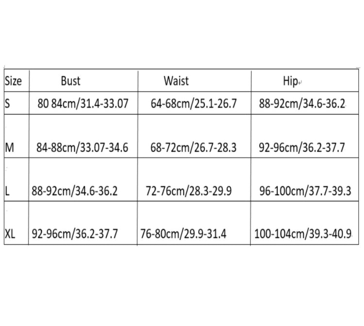 Nightdress size chart with bust, waist, and hip measurements for S–XL