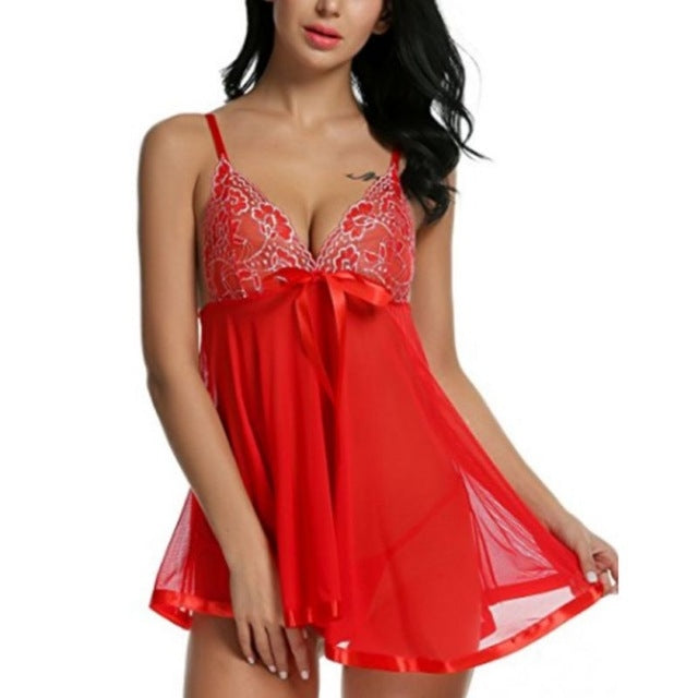 Red mesh babydoll nightdress with lace V-neck cups and bow, flared sheer skirt