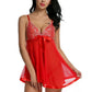 Red sheer nightdress with lace cups, bow at bust, short flared skirt
