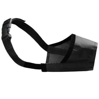 Black breathable dog muzzle with soft mesh front and adjustable nylon strap