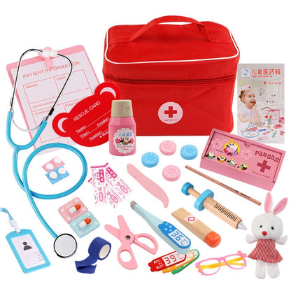 Red medical role-play toy kit bag with doctor accessories and stethoscope