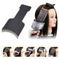 Black hair dye applicator brush with comb teeth, applying color to hair on mannequin