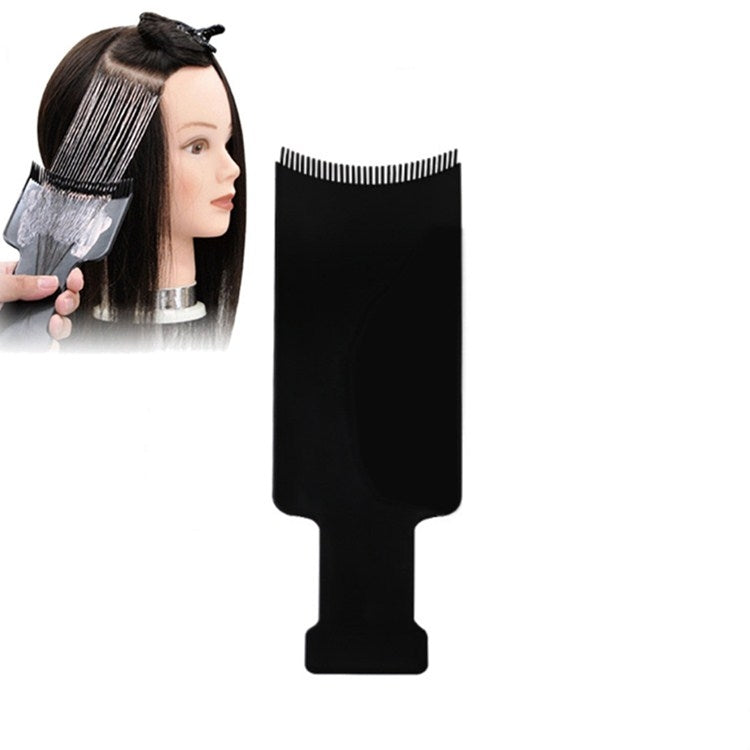 Hair dye applicator brush with black comb edge beside mannequin applying color