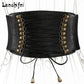 Black wide elastic tassel belt with lace-up cords and gold-tone metal eyelets