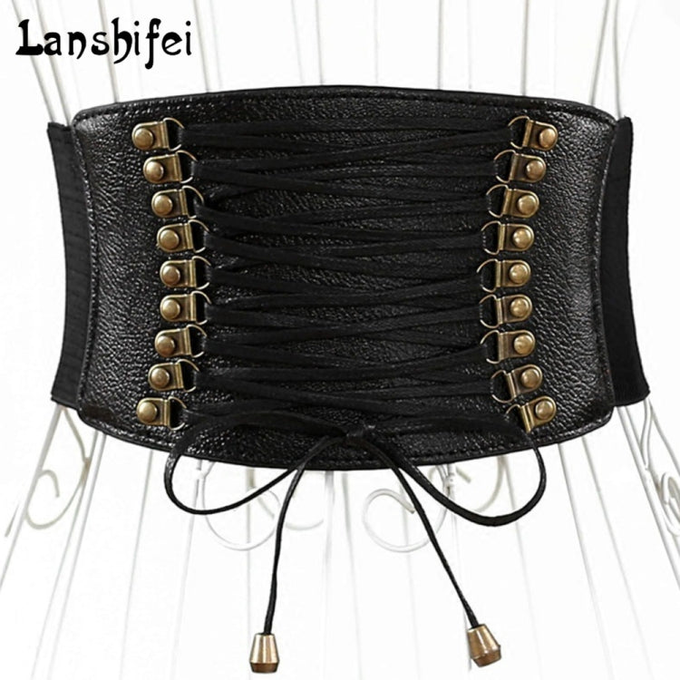 Black wide elastic tassel belt with lace-up cords and gold-tone metal eyelets