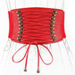 Red wide elastic tassel belt with lace-up cords and gold-tone metal eyelets