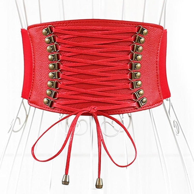 Red wide elastic tassel belt with lace-up cords and gold-tone metal eyelets