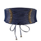 Navy blue wide elastic tassel belt with lace-up cords and gold-tone metal eyelets